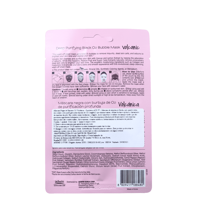 Purederm Deep Purifying Black O2 Volcanic Bubble - Máscara de Limpeza Facial 20g