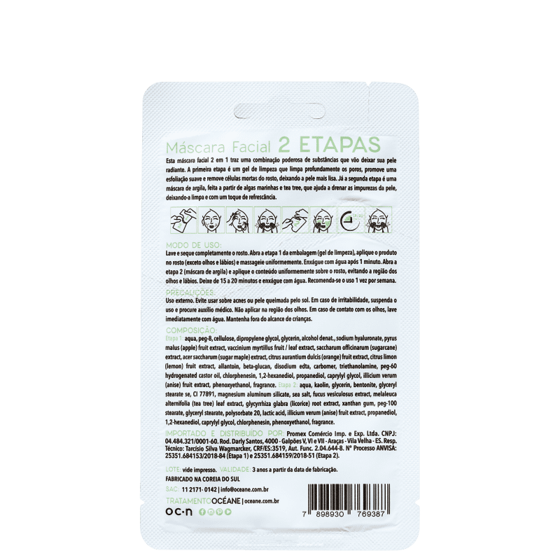Océane 2 Step Algas Marinhas e Tea Tree - Máscara Facial 13g