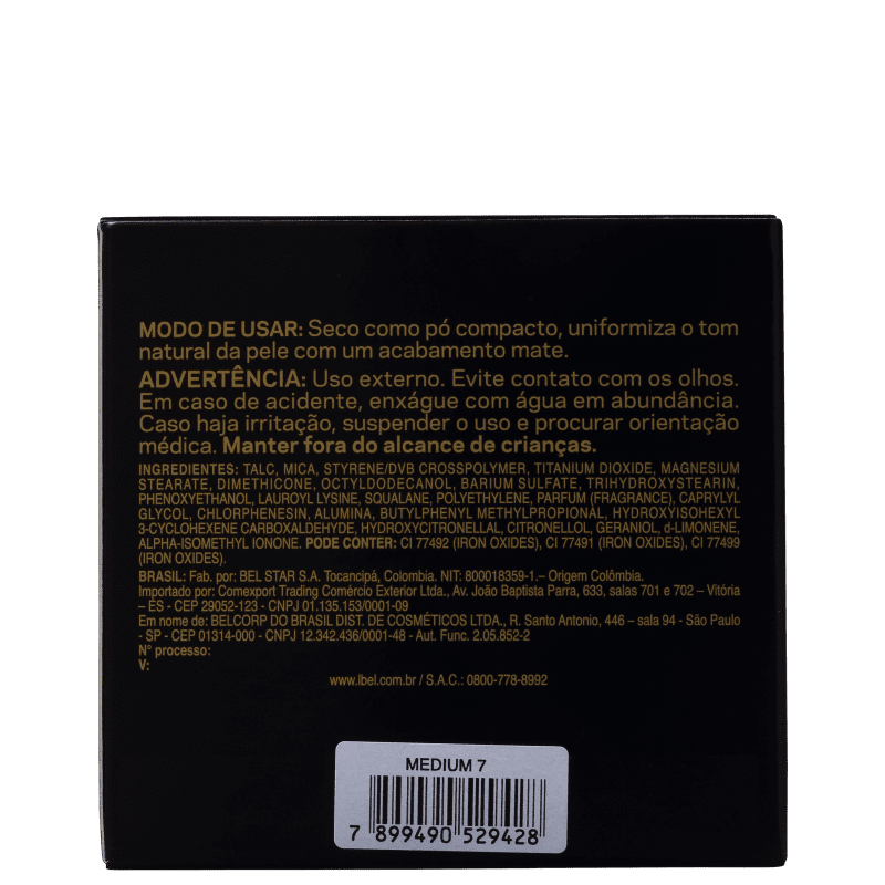 L'Bel Controle de Brilho Medium 7 - Pó Compacto Matte 10g