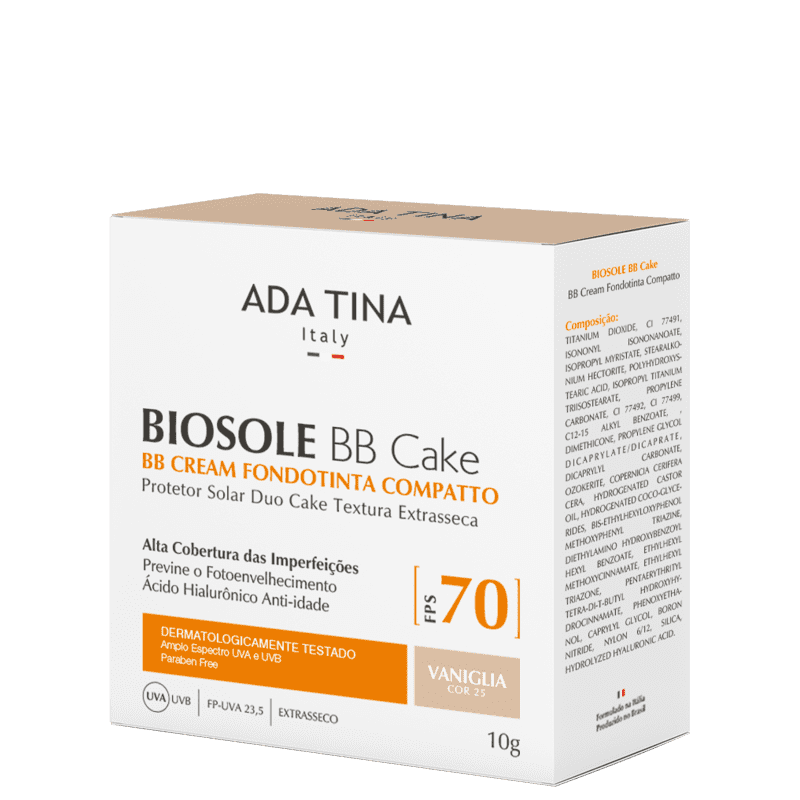 Ada Tina Biosole BB Cake FPS70 Vaniglia - Protetor Solar Facial com Cor 10g