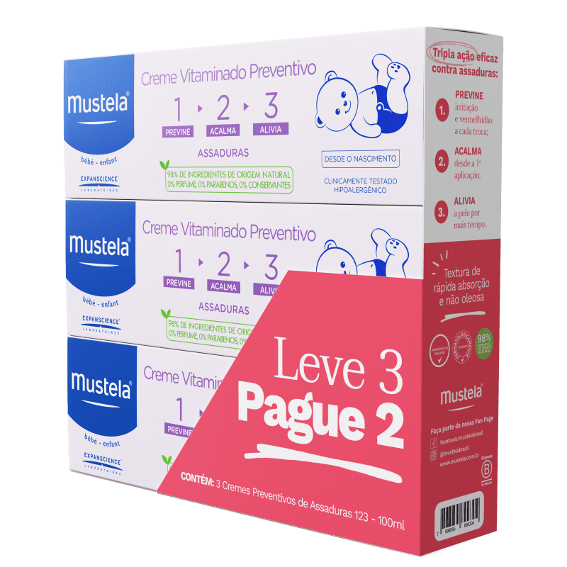 Kit Mustela Bébé Creme Vitaminado Preventivo 123 - Creme para Assaduras 3x100ml
