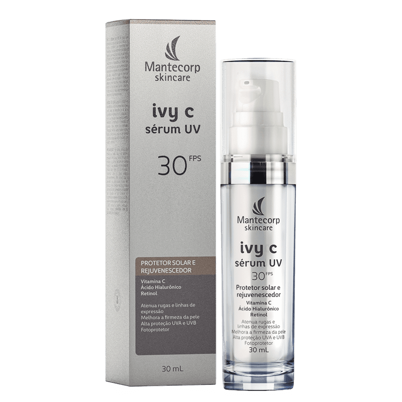 Sérum Protetor Solar Rejuvenecedor Facial Mantecorp Ivy C UV 30FPS ao lado da caixa