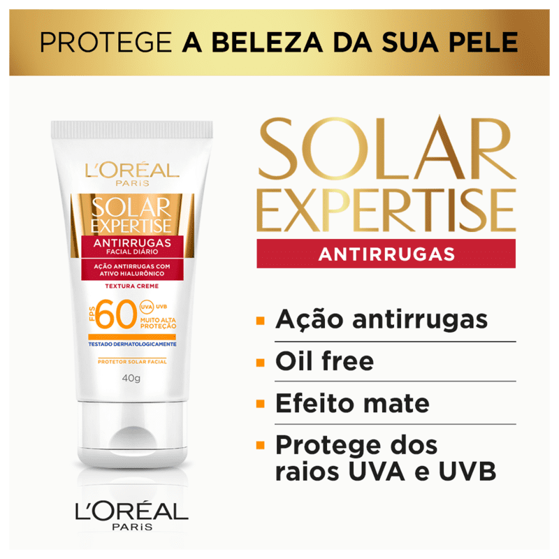 L'Oréal Paris Solar Expertise Antirrugas FPS 60 - Protetor Solar Facial 40g