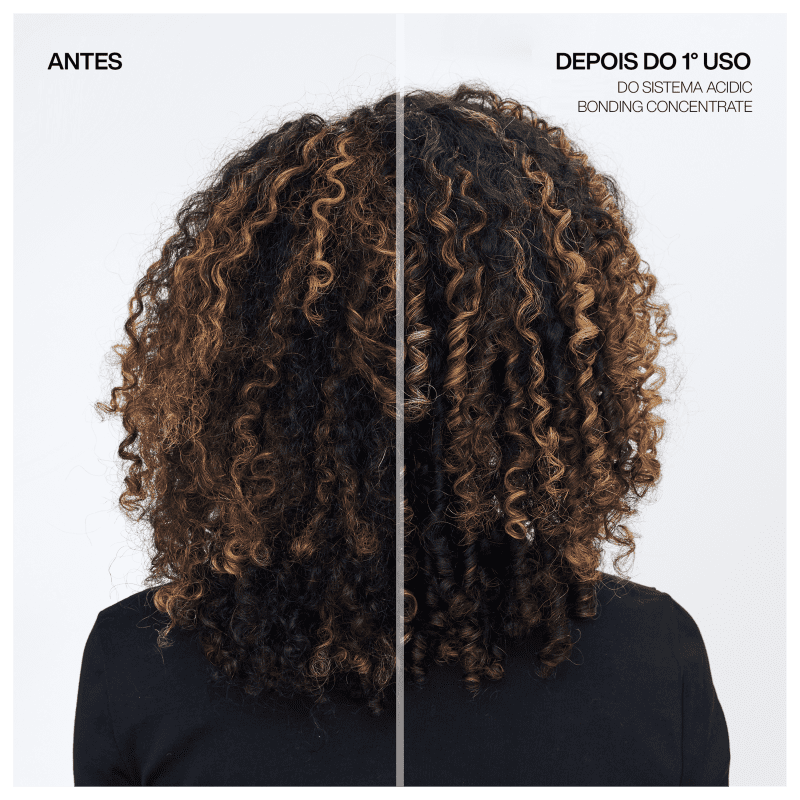 À esquerda, no "Antes", é exibido cabelo muito encaracolado e volumoso, com um aspecto seco e sem brilho. Na parte direita, rotulada como "Após Primeira Aplicação", o mesmo cabelo aparece mais definido, com cachos mais macios e brilhantes.