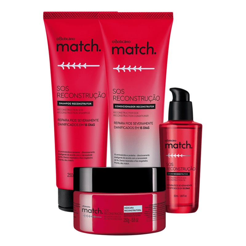 Combo Match SOS Reconstrução: Shampoo + Condicionador + Máscara + Óleo Capilar