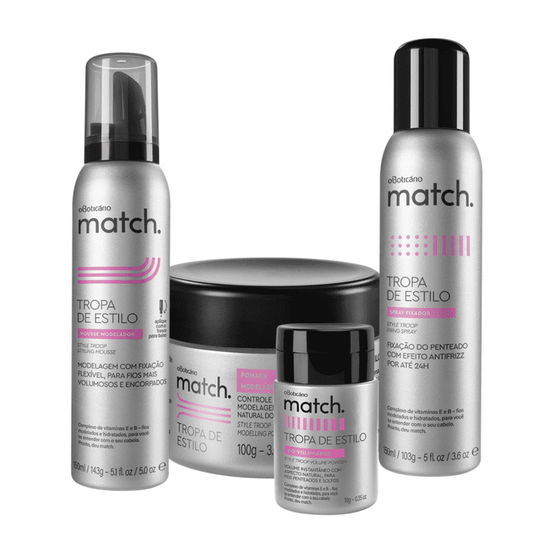 Combo Match Finalização: Mousse Modelador + Pomada Modeladora + Pó Volumador + Spray Fixador