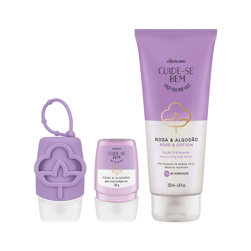 Combo Cuide-Se Bem Rosa E Algodão: Álcool Em gel, 30g + Capinha Em Silicone + Hidratante Corporal, 200ml