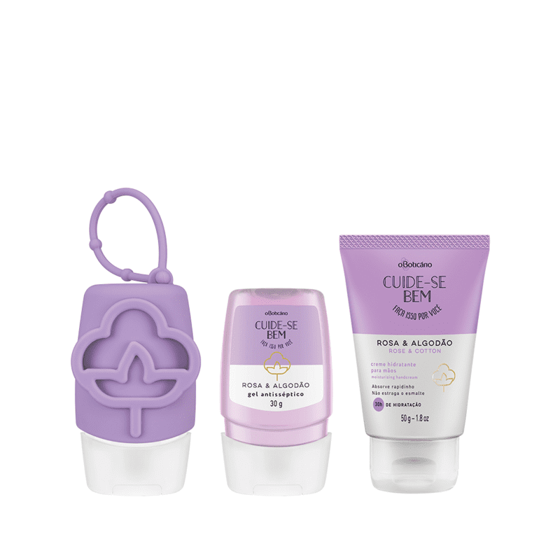 Combo Cuide-Se Bem Rosa E Algodão: Álcool Em gel, 30g + Capinha Em Silicone + Creme Para Mãos, 50g