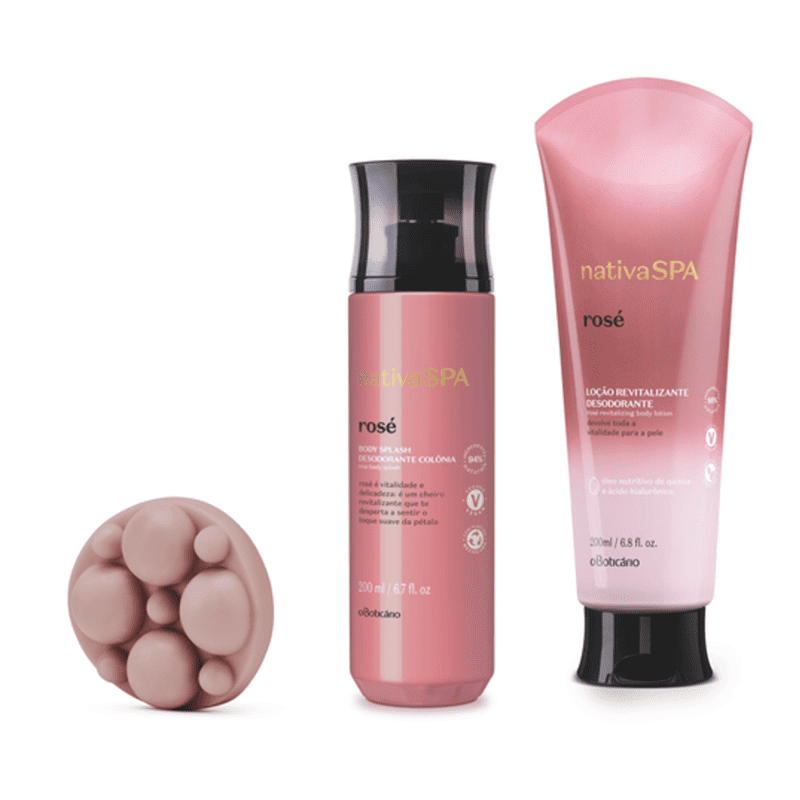 Combo Nativa Spa Rosé: Sabonete em Barra Massageador, 90g + Body Splash, 200ml + Loção Revitalizante Corporal, 200 ml