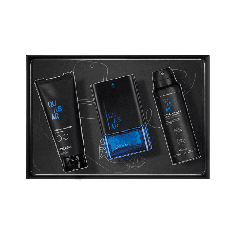 Kit Presente Quasar: Desodorante Colônia 100ml + Gel Após Barba 110g + Desodorante Antitranspirante Aerossol 75g.