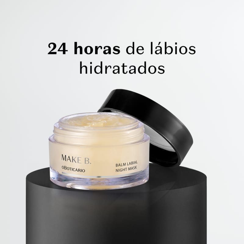 O produto apresentado é um Balm Labial Night Mask da marca Make B. Oboticario. Trata-se de um pote de creme com tampa preta, contendo um produto de cor clara, provavelmente um creme ou máscara para os lábios.