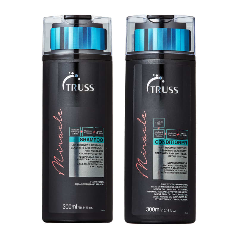 A imagem mostra dois produtos da marca Truss para cuidados capilares. Ambos os produtos têm 300ml de capacidade e fazem parte da linha "Miracle".