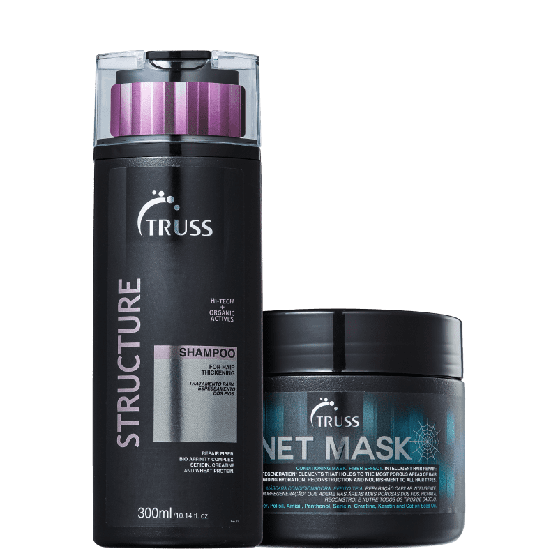 A imagem mostra 2 produtos TRUSS lado a lado. O primeiro é o shampoo Structure, numa embalagem de 300ml da cor preta com detalhes prateados e rosa. O segundo é a Net Mask em uma embalagem de 550g preta, rótulo com letras prateadas e detalhes azuis.