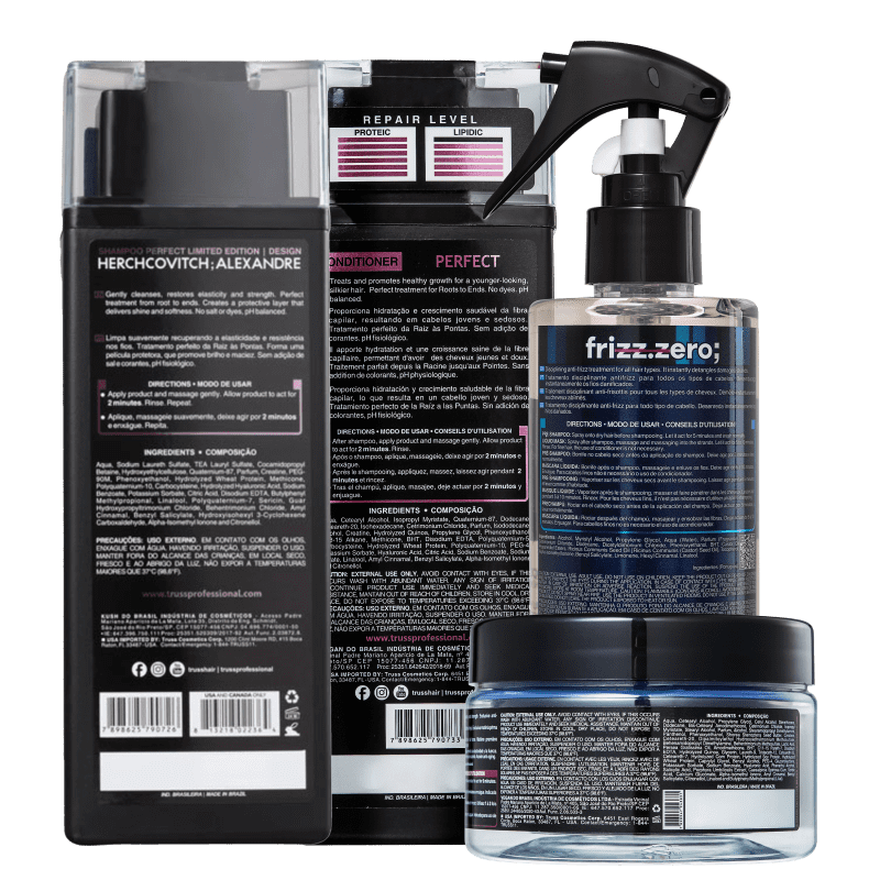 A imagem mostra a parte de trás dos produtos do kit, contendo modo de uso, ingredientes e outras informações em letras miúdas.