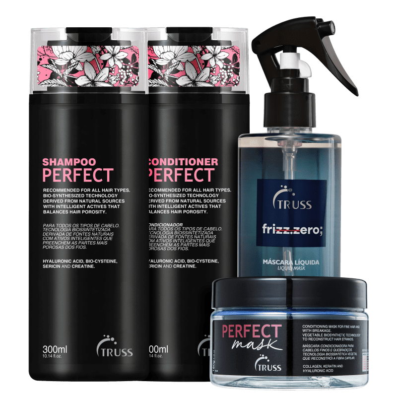 A imagem mostra 4 produtos TRUSS lado a lado. Temos o shampoo, condicionador e máscara Perfect, com embalagem preta e letras em rosa e branco; e o Frizz Zero de embalagem spray com tampa preta e rótulo azul.