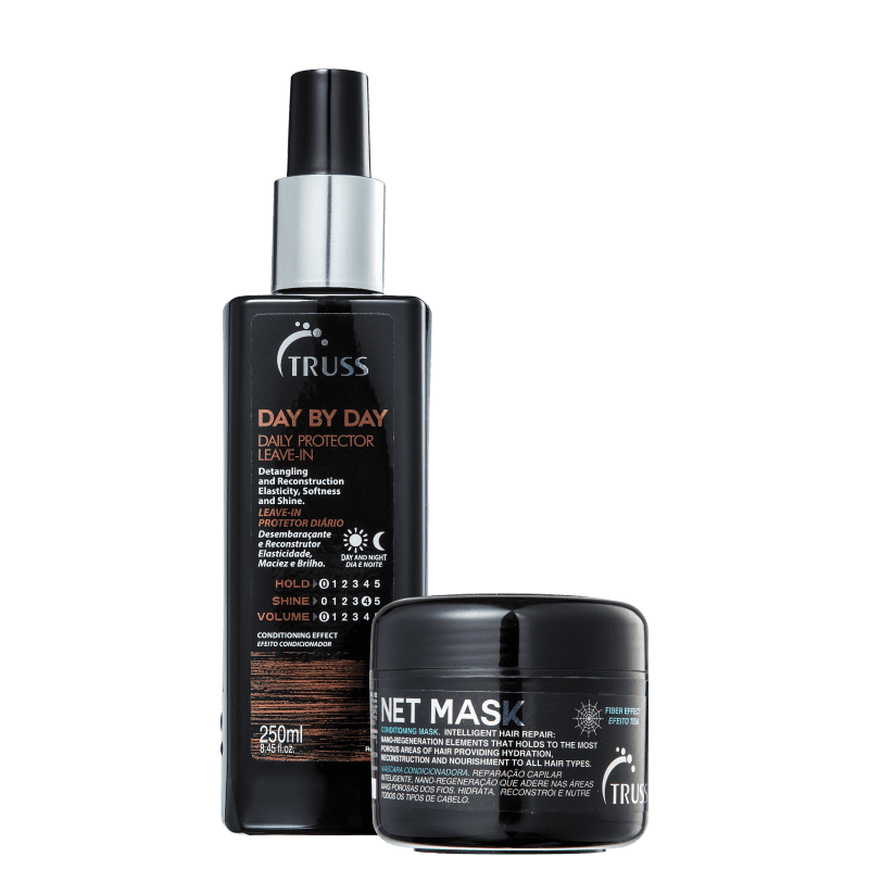 O produto apresentado é um leave-in chamado "Day by Day" da marca TRUSS. Vem em um frasco plástico preto com detalhes em prata e laranja. 
Também é mostrado um pote preto com o nome "Net Mask". É descrito como uma máscara que hidrata, protege e nutre.