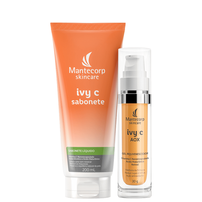 A imagem mostra uma embalagem tipo bisnaga laranja com informações em branco e detalhes em verde e cinza. Ao lado de um frasco cilíndrico transparente com tampa branca e rótulo laranja.