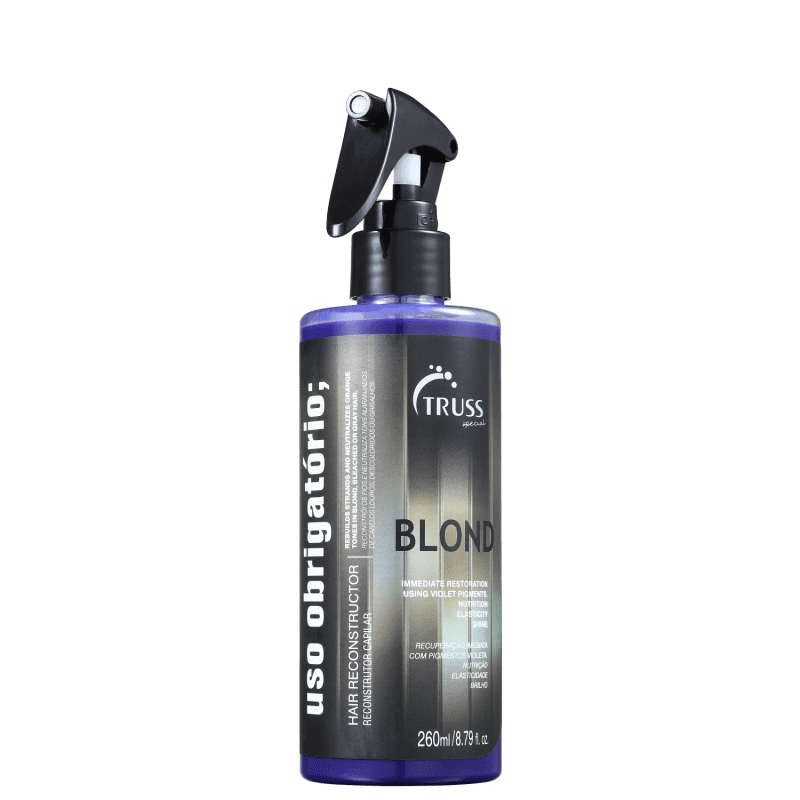 Produto para cabelos Uso Obrigatório Blond da marca Truss. Rótulo com texto "Blond - Immediate Restoration" e "Hair Reconstruction Using Violet Light". Embalagem com acionador spray na parte superior. Volume de 260ml.