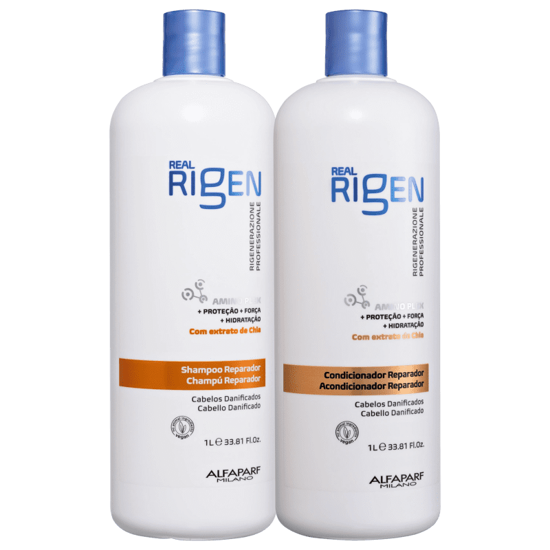 Kit com shampoo e condicionador Real Rigen, da marca Alfaparf Milano.