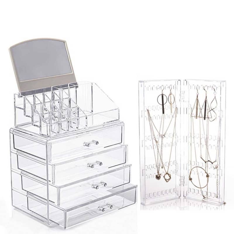 Kit Organizador de Maquiagem com Espelho e Porta Joias em Acrílico Menor preço em Kit Organizador de Maquiagem com Espelho e Porta Joias em Acrílico
