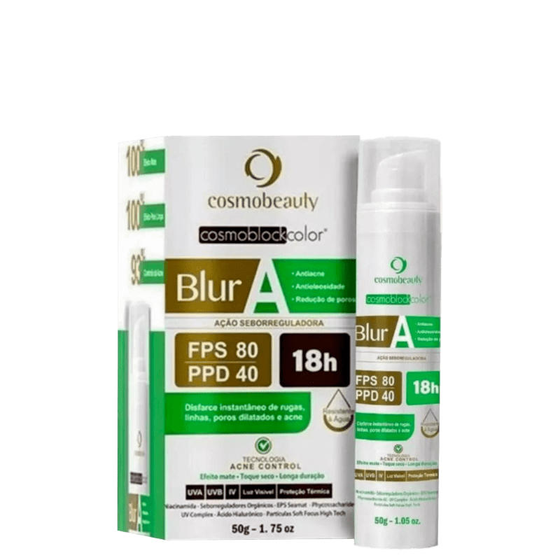 Protetor solar. Rótulo indicando que se trata de um produto com ação seborregulatória, FPS 80 e PPD 40, com duração de 18 horas. O frasco possui um aplicador para