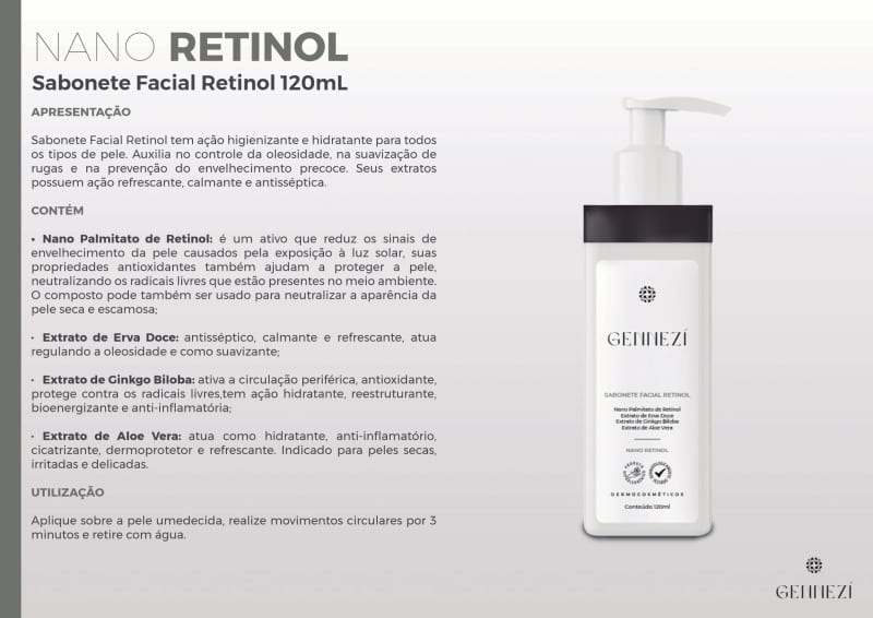 Ao lado esquerdo da imagem há um texto sobre o produto, seus ativos e modo de uso. Do lado direito há uma foto da embalagem.