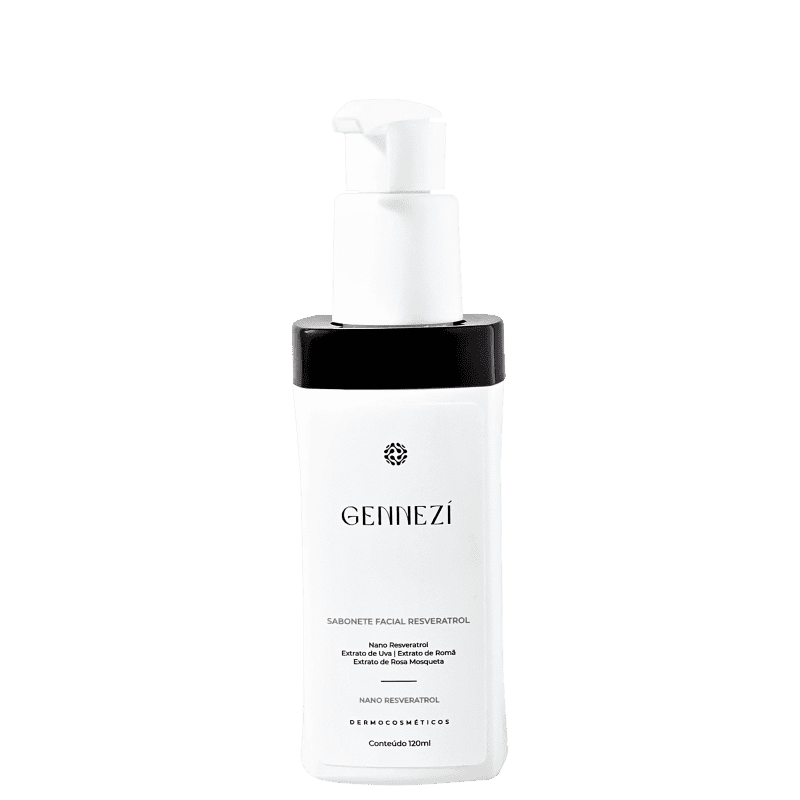 A imagem mostra um produto facial com frasco branco, com detalhes pretos e uma tampa protetora de cor branca com um dispensador em forma de bomba. A embalagem indica o nome do produto e seu conteúdo de 120ml.