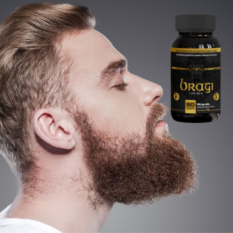 A imagem mostra um homem de perfil com uma barba grossa e cabelo escuro, ao lado de um frasco preto do suplemento alimentar com detalhes em amarelo que parece conter esse produto.