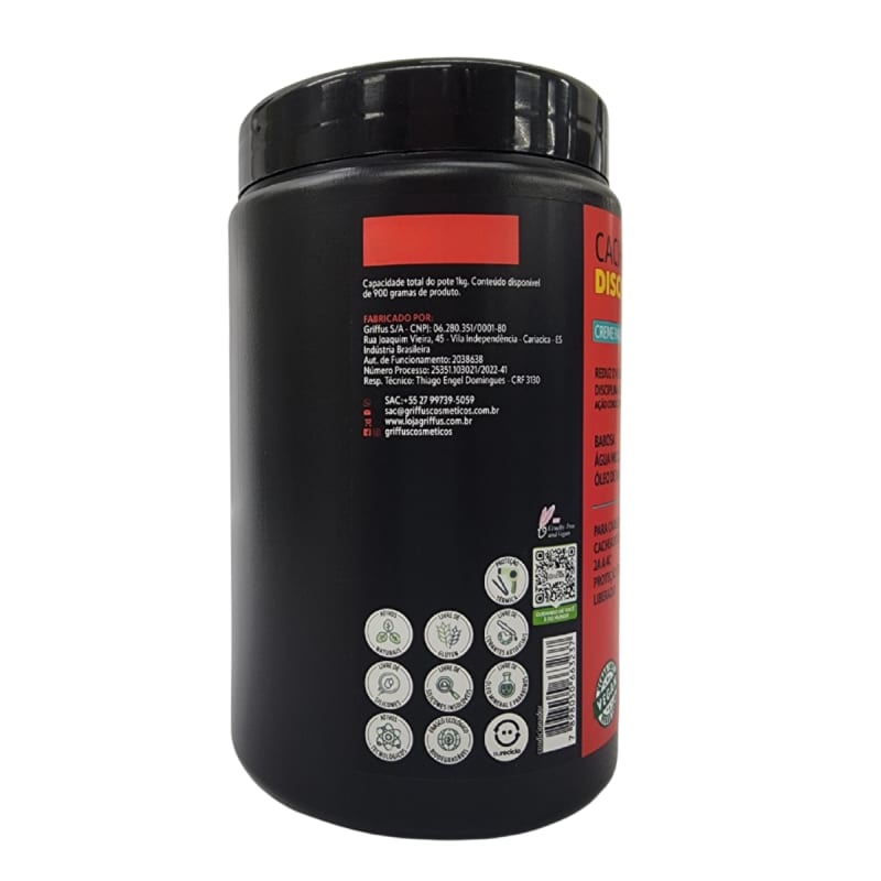 A imagem mostra a lateral do pote do creme de pentear. A parte é toda preta e traz os selos que a fórmula possui.