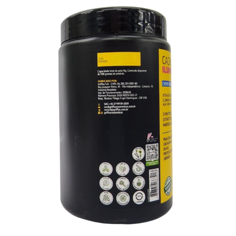 A imagem mostra a lateral do pote do creme de pentear. A parte é toda preta e traz os selos que a fórmula possui.