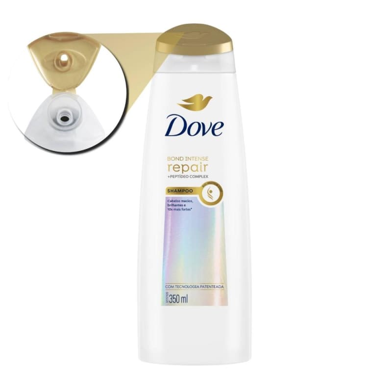 A imagem mostra o shampoo Bond Intense Repair da marca Dove. Ao lado imagem imagem destaca a abertura da tampa.