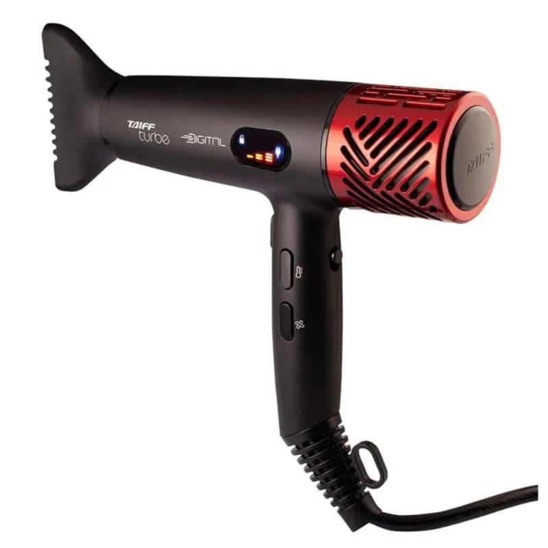 Secador de cabelos da marca Taiff. Possui um design compacto e ergonômico, com uma carcaça preta e detalhes em vermelho. Possui um bocal de saída de ar com aberturas para ventilação e um botão de controle na parte superior.