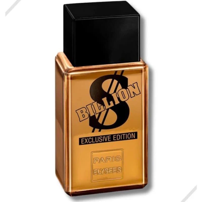Perfume masculino em embalagem exclusiva. Frasco retangular preto com tampa preta. Caixa dourada metálica com o logotipo "Billion" em letras grandes e pretas. Na parte inferior da caixa, está impresso "Paris Elysees".