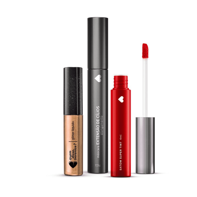 Kit Batom Super Tint Vermetint + Glitter Líquido Dourex + Máscara Extensão de Cílios