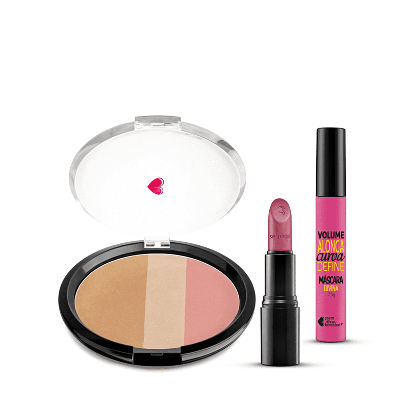 Kit Pó Multiefeitos + Máscara de Cílios Divina Preté Volume Alonga Curva e Define + Batom Mate Veludo Amorando