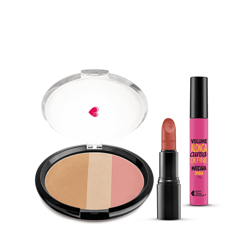 Kit Pó Multiefeitos + Máscara de cílios Divina Preté Volume Alonga Curva e Define + Batom Mate Veludo Marronterra