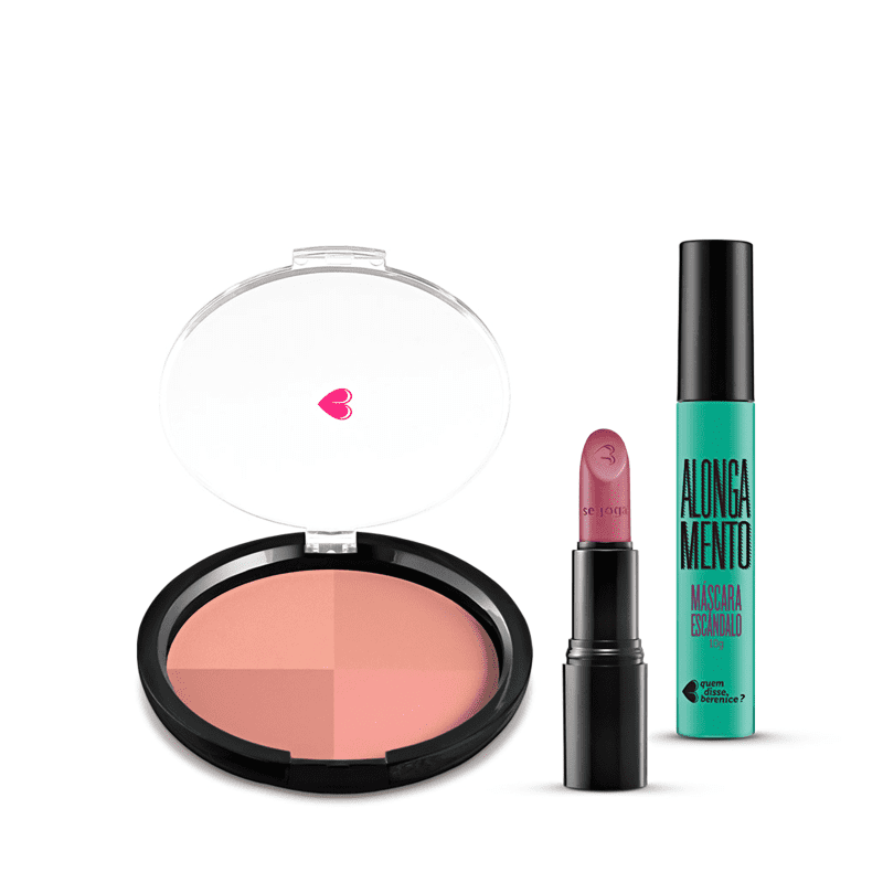 Kit Pó Multiefeitos Bronze + Máscara de cílios Escândalo Preti Alongamento + Batom Mate Veludo Amorando