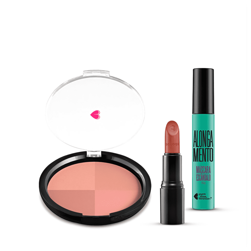 Kit Pó Multiefeitos Bronze + Máscara de cílios Escândalo Preti Alongamento + Batom Mate Veludo Marronterra