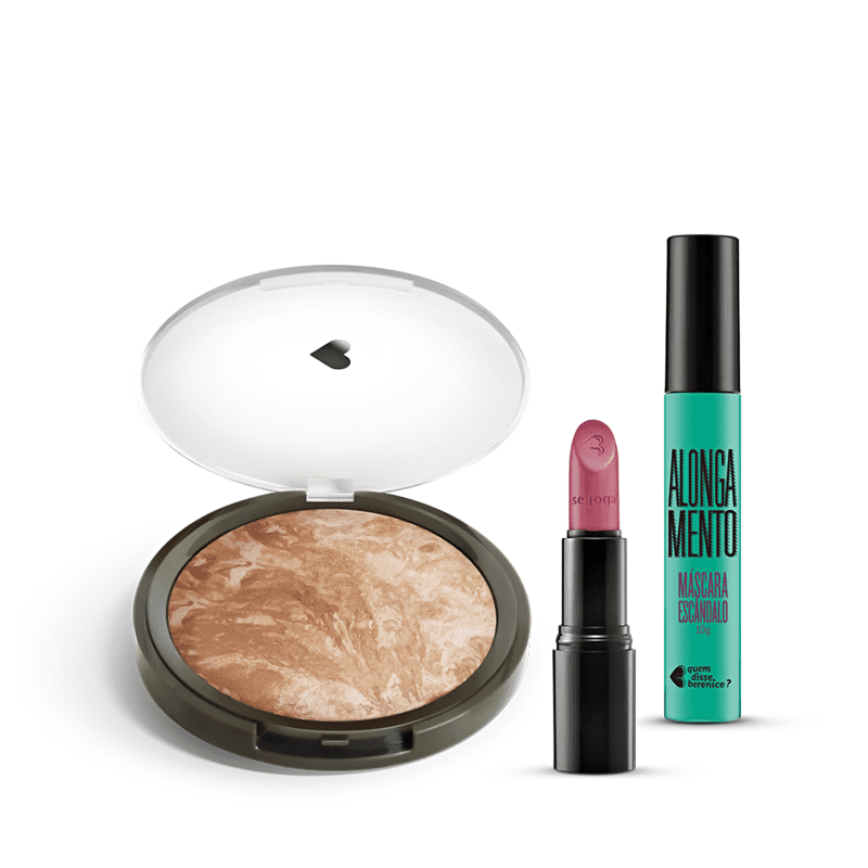 Kit Pó Iluminador Marmorizado + Máscara de cílios Escândalo Preti Alongamento + Batom Mate Veludo Amorando