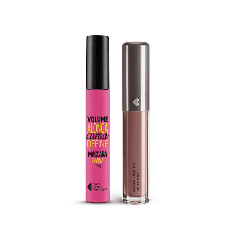 Kit Máscara de Cílios Divina Preté Volume Alonga Curva e Define + Batom Líquido Supermate Castanheli