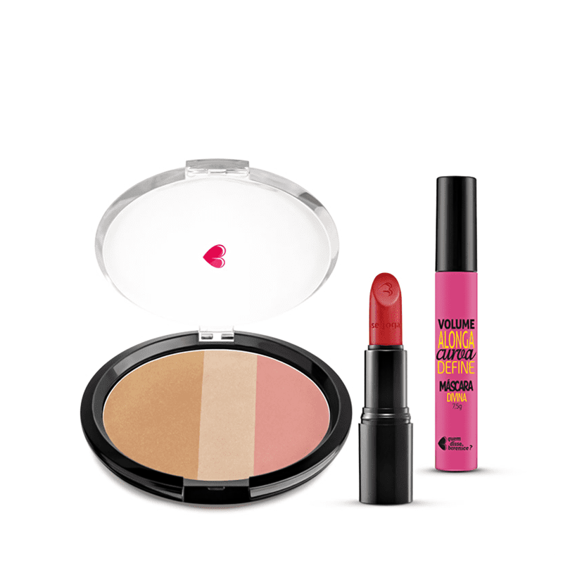 Kit Pó Multiefeitos + Máscara de cílios Divina Preté Volume Alonga Curva e Define + Batom Mate Vermelhíssimo