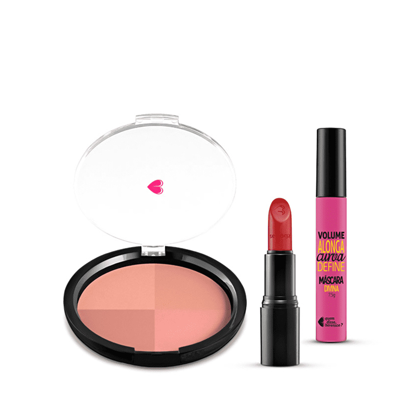 Kit Pó Multiefeitos Bronze + Máscara de cílios Divina Preté Volume Alonga Curva e Define + Batom Mate Vermelhíssimo