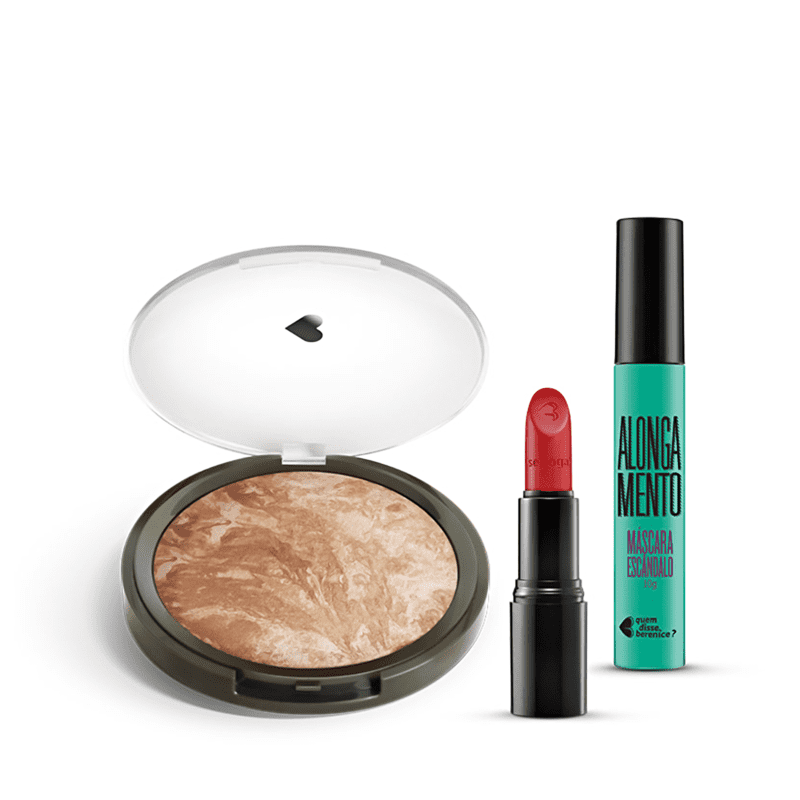 Kit Pó Iluminador Marmorizado + Máscara de cílios Escândalo Preti Alongamento + Batom Mate Vermelhíssimo