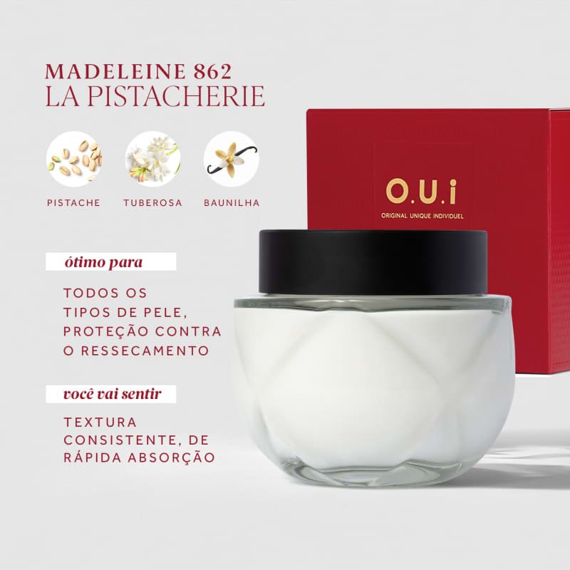 Card de produto com a embalagem do lado direito e o texto do lado esquerdo: MADELEINE 862 LA PISTACHERIE PISTACHE, TUBEROSA, BAUNILHA ótimo para TODOS OS TIPOS DE PELE, PROTEÇÃO CONTRA O RESSECAMENTO você vai sentir TEXTURA CONSISTENTE, DE RÁPIDA ABSORÇÃO