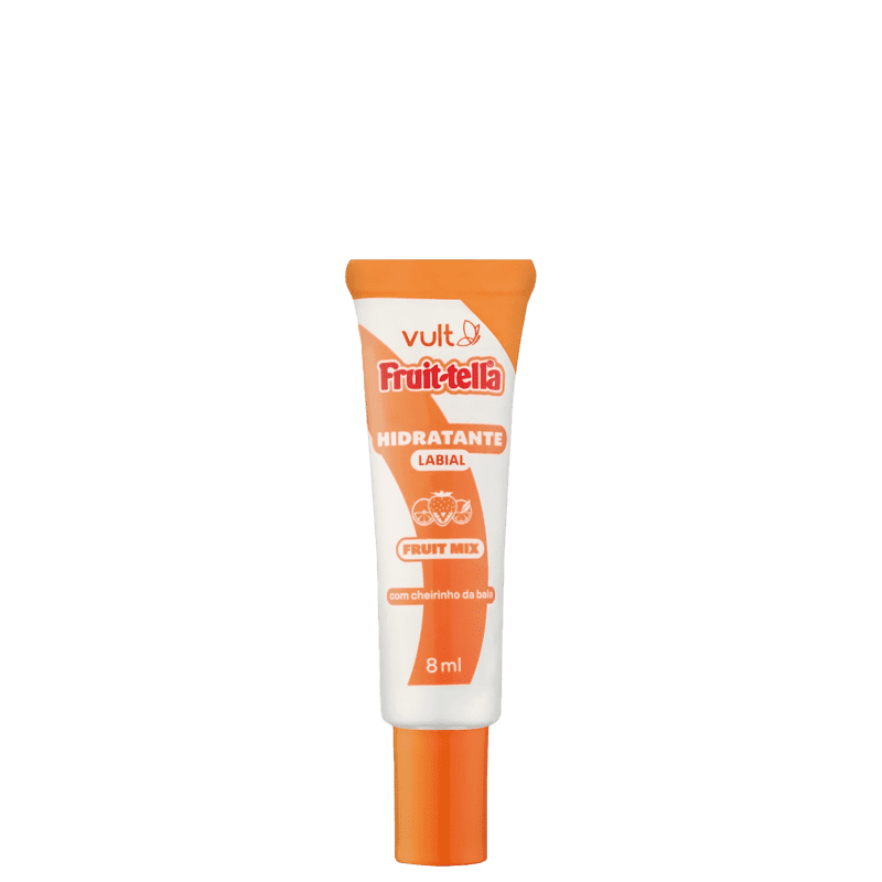 Produto de hidratação labial da marca Vult, linha Fruittella. Embalagem tubular com tampa protetora. Rótulo indicando sabor fruit mix e cheirinho de bala. Contém 8ml.