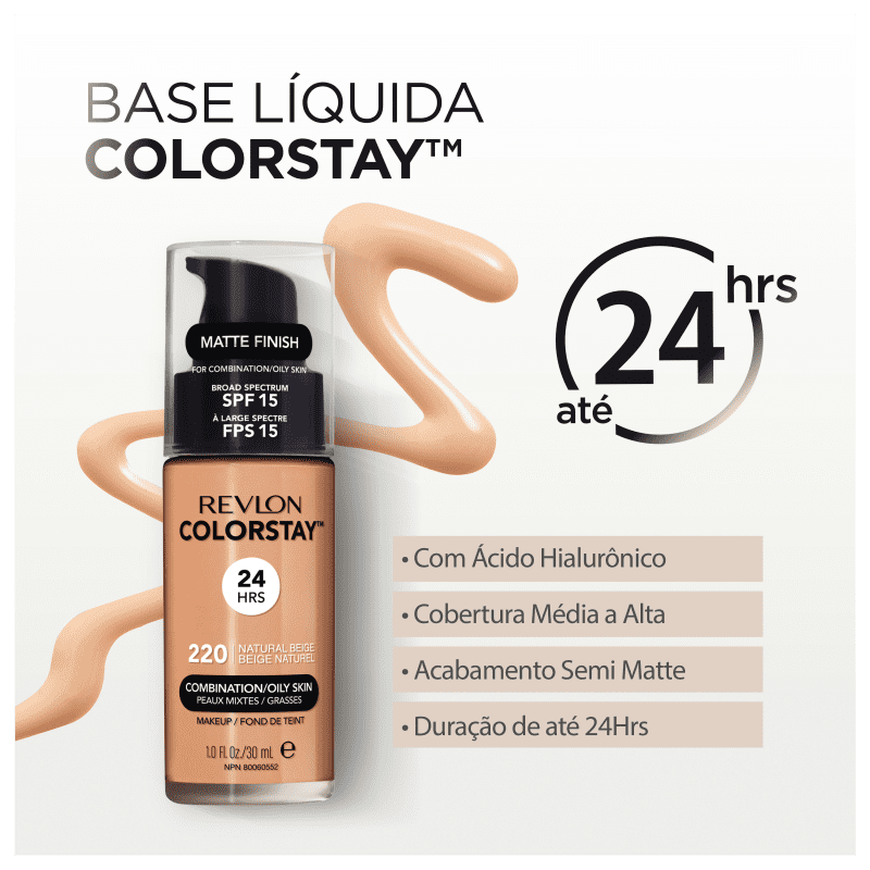 Revlon ColorStay 24 Horas Pele Mista à Oleosa FPS15 200 Nude - Base Líquida 30ml