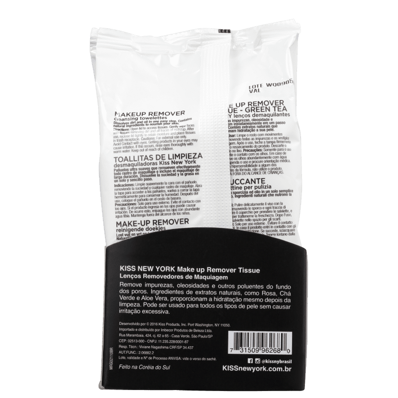 Kiss New York Chá Verde - Lenço Demaquilante 200g
