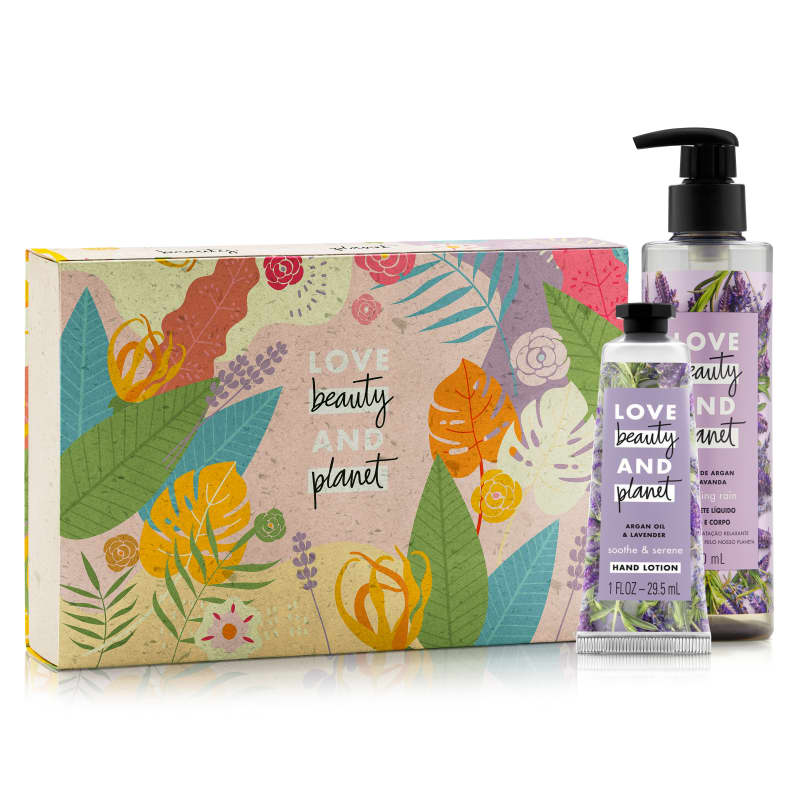Kit Love, Beauty and Planet - Sabonete líquido Relaxing Rain + Creme de Mãos Soothe and Serene + Caixa