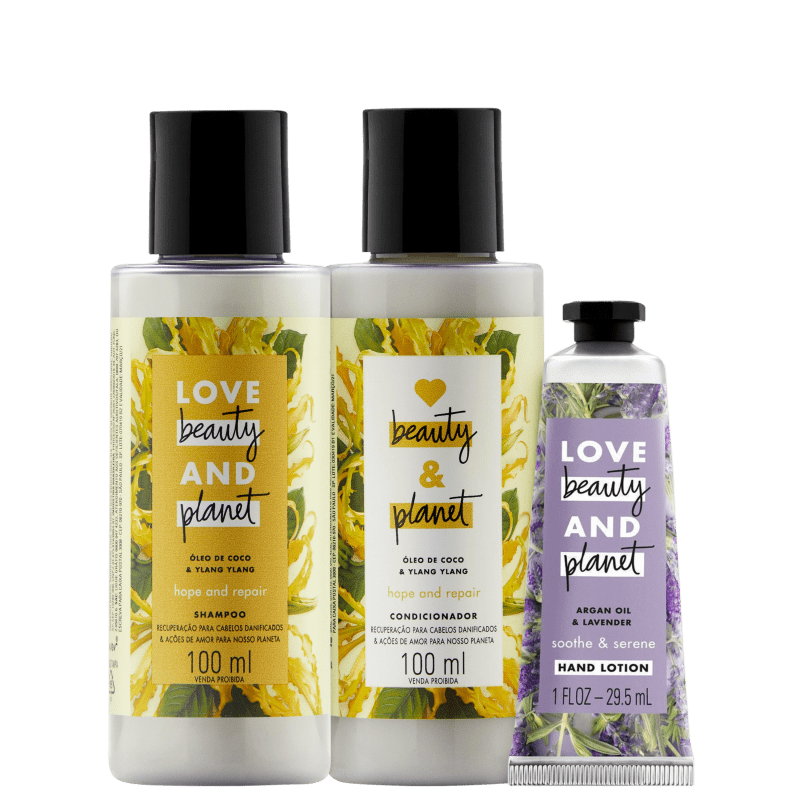 Kit Love, Beauty and Planet - Shampoo + Condicionador 100ml Hope and Repair + Creme de mãos Sooth and Serene