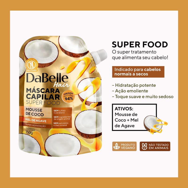 Dabelle Super Food Máscara Mousse Coco e Mel Agave 150g